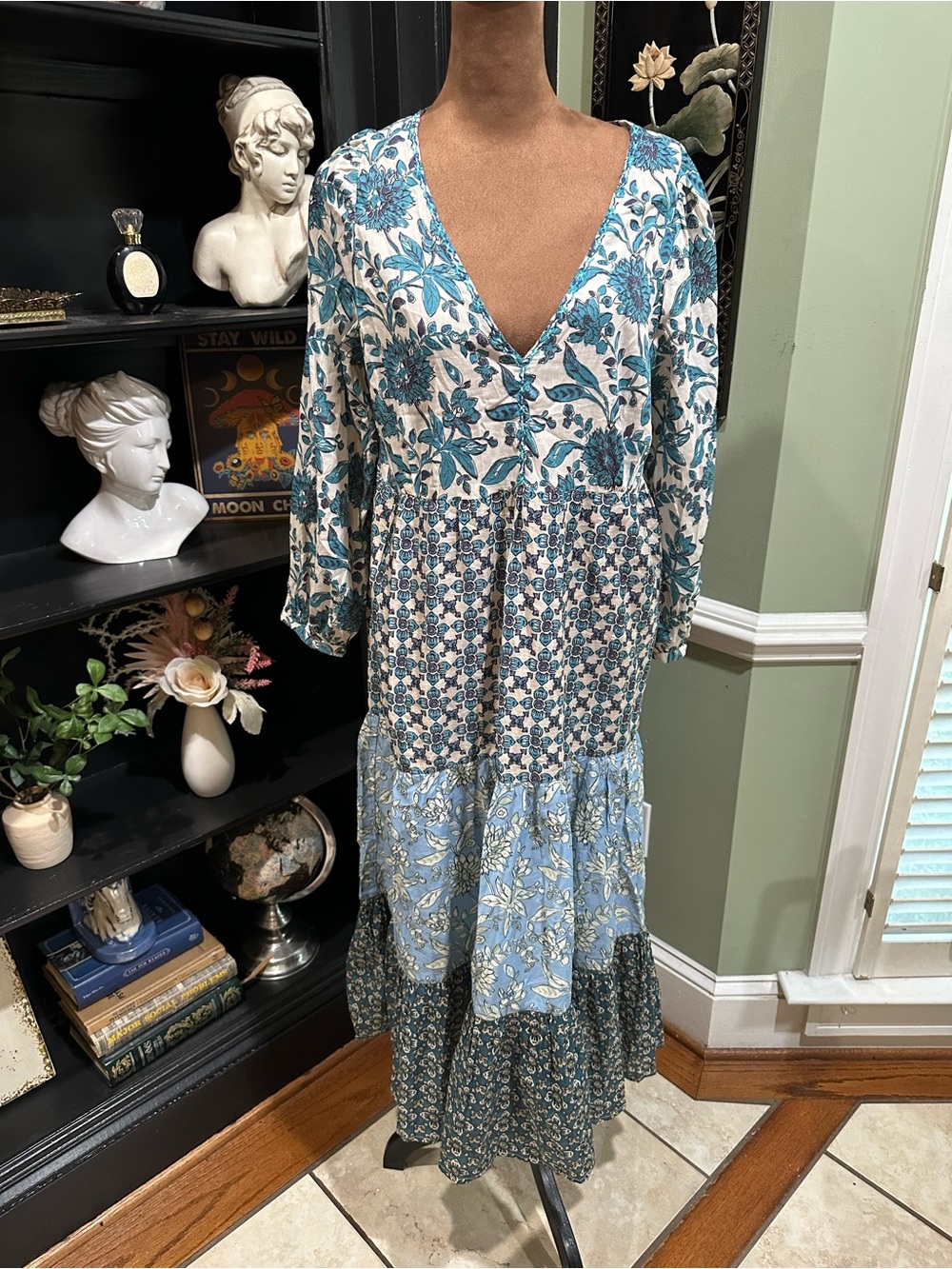 Zara Blue Patchwork Print Maxi Dress – Size Small